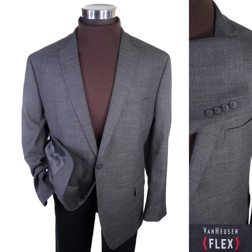 Van Heusen Flex Blazer Sport Coat Sz 46R Poly Blend Gray Two Button Jacket